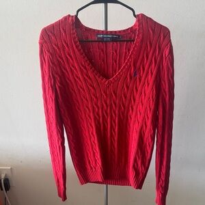 Ralph Lauren Women's Bright Red Cable V-Neck Sweater